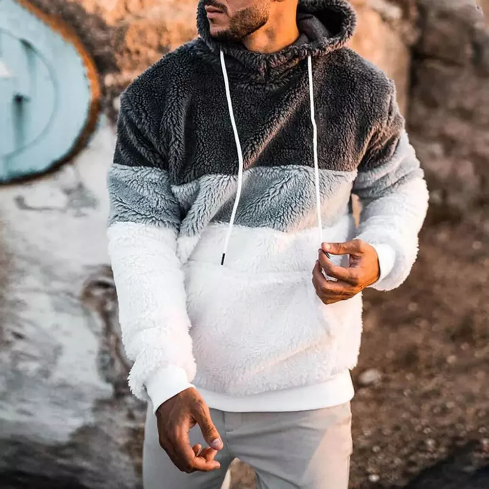 

New2022 Mannen Mode Straat HoodieDouble Sided Plush Fluffy Long Sleeve Autumn Winter Color Block Warm Hooded Sweatshirt Outerwea