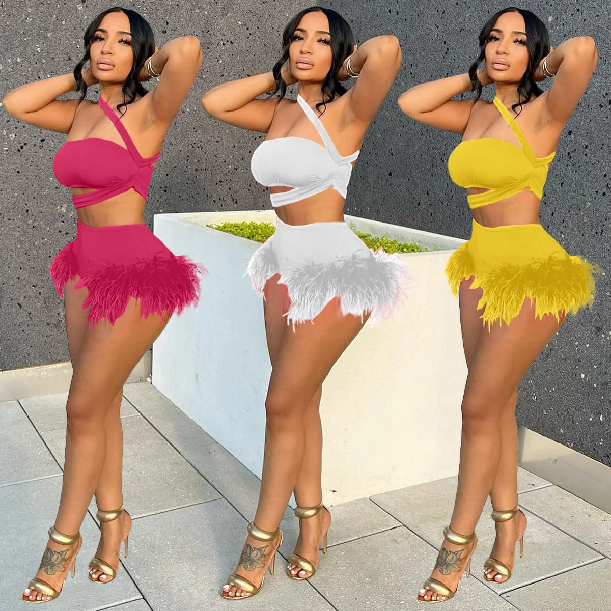

Solid Casual Skinny Vest+ Sexy High Waist Irregular Shape Clubwear Shorts Midnight Feathers Patchwork Two Piece Set Women