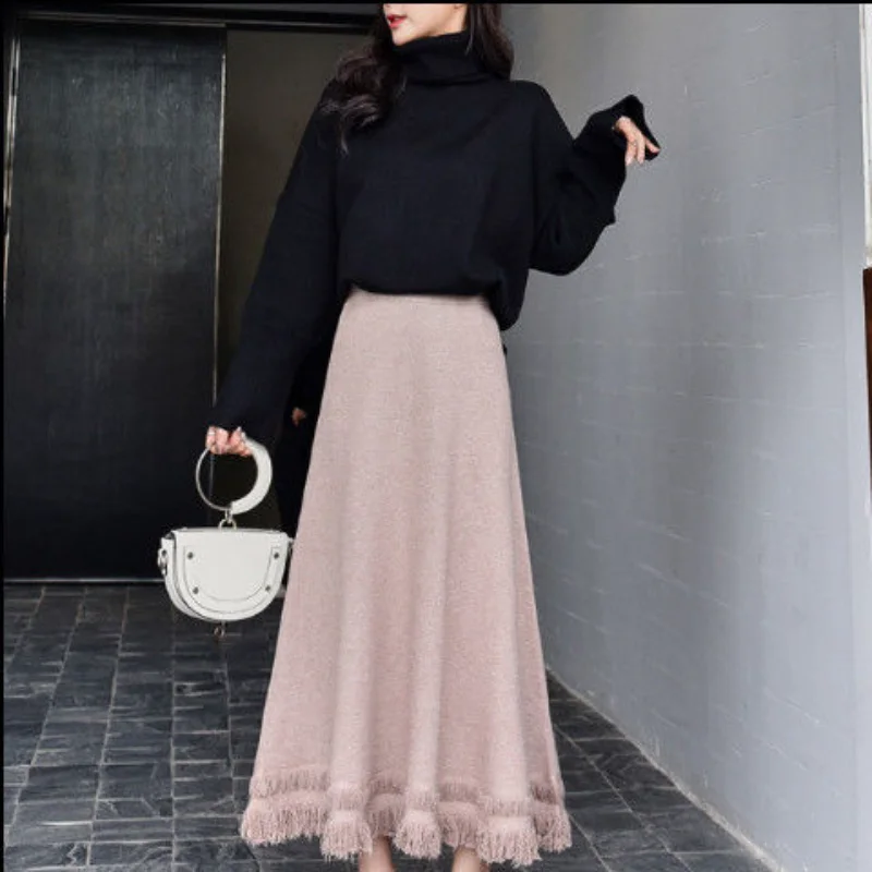 

Solid Skirt Harajuku Knitting Maxi Long Skirts High Waist A Line Midi Faldas Largs Mujer Retro Ladies Korean Style Clothing E956