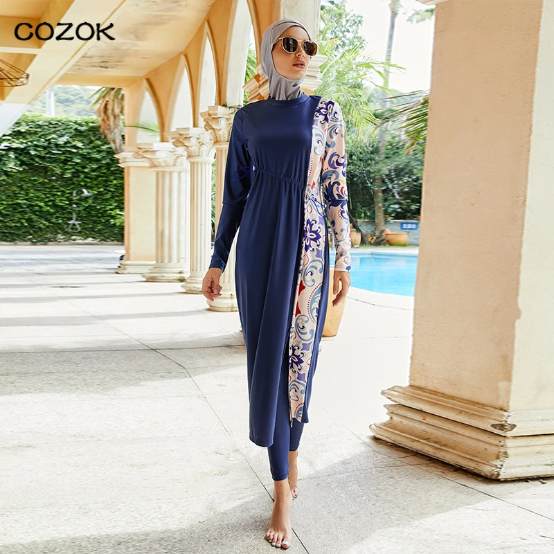 

Muslim swimsuit Burkini 2022 New Muslim Swimwear 3PCS Hijab Digital Printing Print Long Sleeve Islamic Swimsuit Burkini Robe