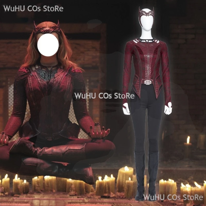 Фото Алый косплей ведьма Maximoff Wanda Vision косплей костюм головные уборы плащ и брюки полный комплект наряд аксессуары для Хэллоуина реквизит №2
