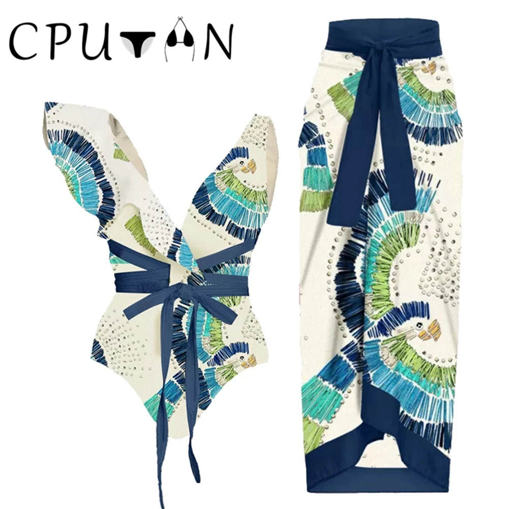 

CPUTAN Green Print Deep V Bikini Set 2023 Cover Up Ruffle Straps Backless Sexy Beachwear Ladies Slim High Waist Summer Swimsuit