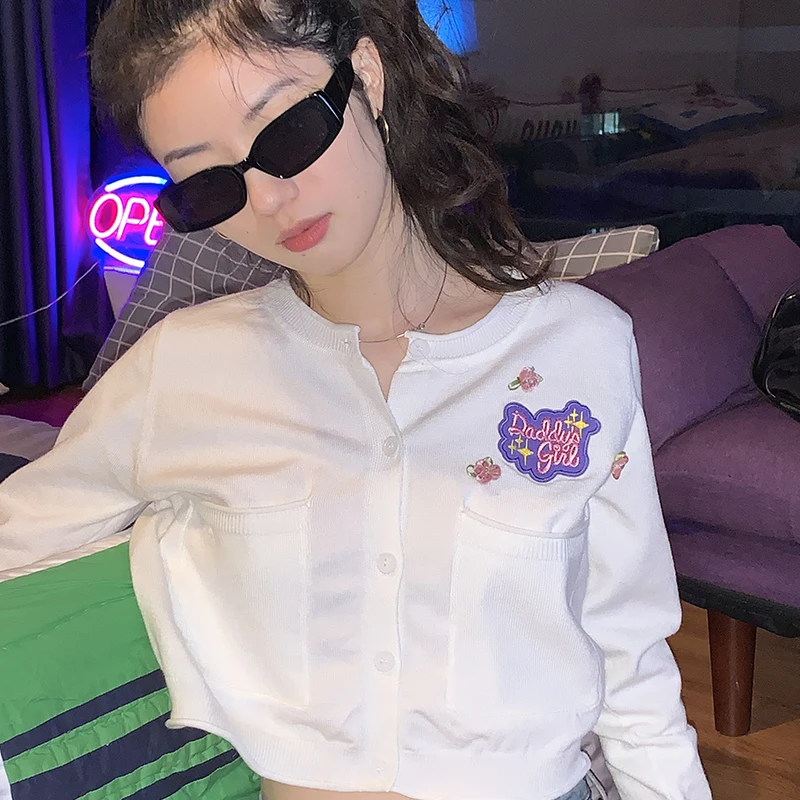 

Американская трикотажная блузка в стиле ретро, облегающий кардиган с вышивкой, однобортный Кардиган с длинным рукавом