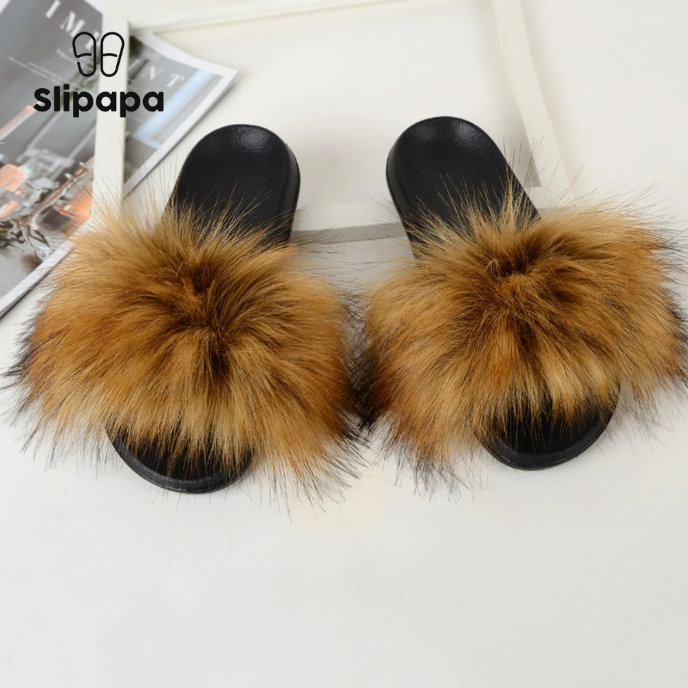 

Summer Faux Fur Slippers Women Home Fluffy Flat Slides Indoor Outdoor Ladies Faux Fur Shoes Non-Slip Wear-Resistant Slippers