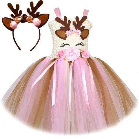 Костюмы с розовыми цветами и оленями для маленьких девочек, рождественское платье-пачка, Детские наряды с животными и оленями, Детский Рождественский подарок, Новогодняя одежда