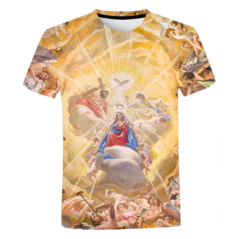 

Летняя Повседневная футболка с изображением девы Марии, женская одежда, 3D печать, религиозная вера, христианство, Мужская футболка, миф, фут...