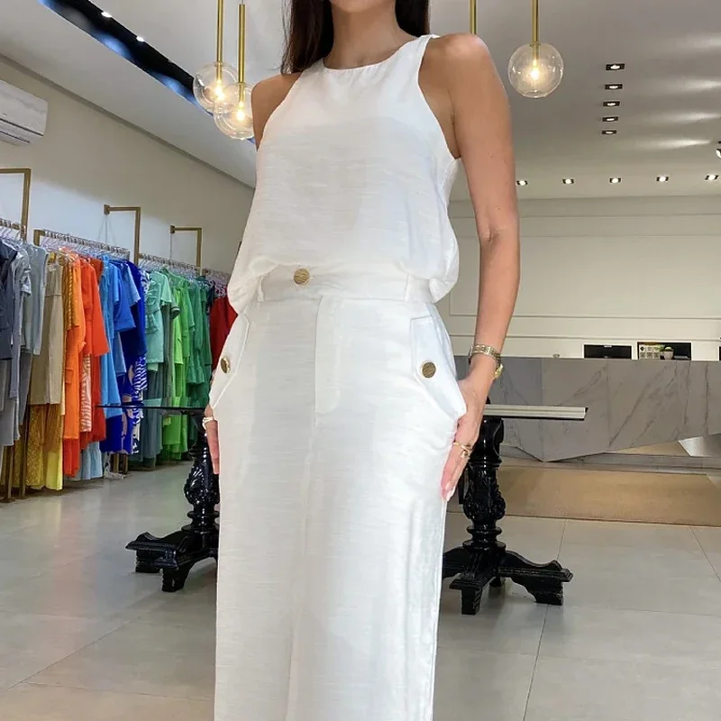 Простой повседневный комплект с жилетом и круглым вырезом без рукавов верхним