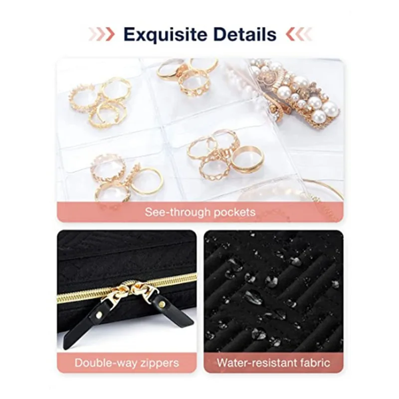 Multi-layer Jewelry Travel Organizer Black Pink Storage Box with Clear Booklet Zipper Pouch Bag Fabric Jewelry Packaging Holder