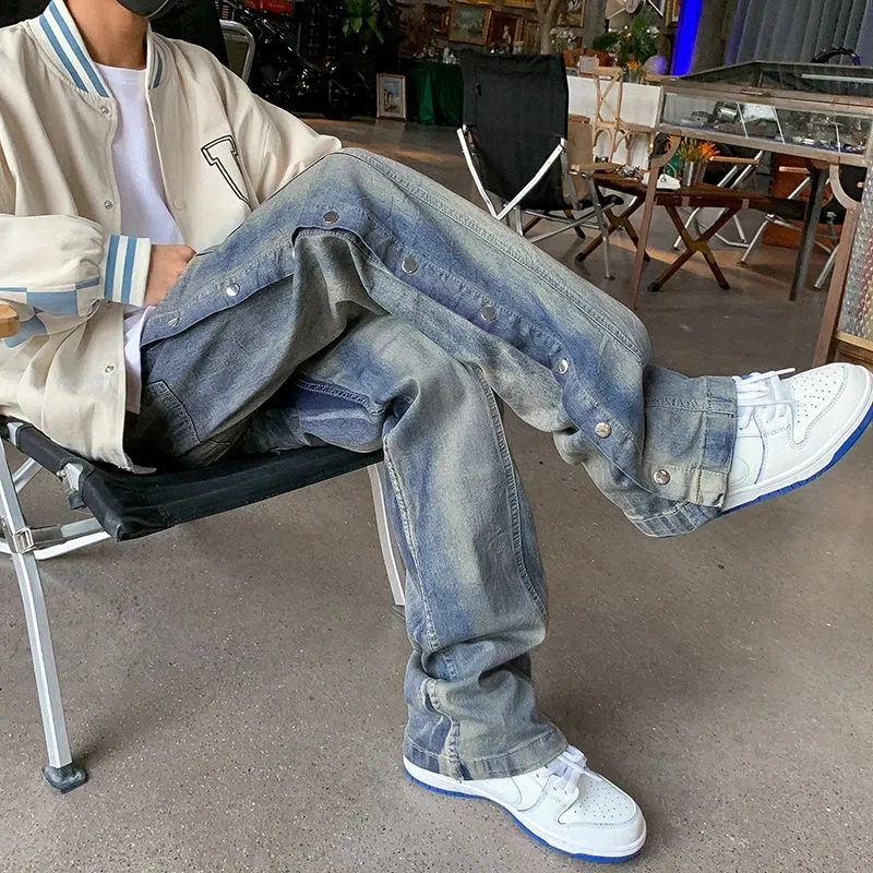 Autumn Winter Vintage Blue Straight Jeans Men Fashion Double Side Button Wide Leg Pants Streetwear Oversized Hip Hop Trousers