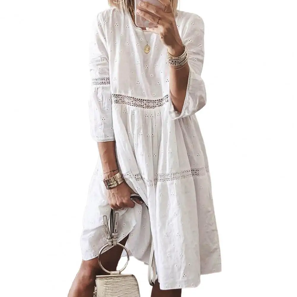 

2022 New Elegant Women Dress O Neck Lace Patchwork Solid Color Summer Female Splicing Dress Floral Hollow Out Dress Streetwear