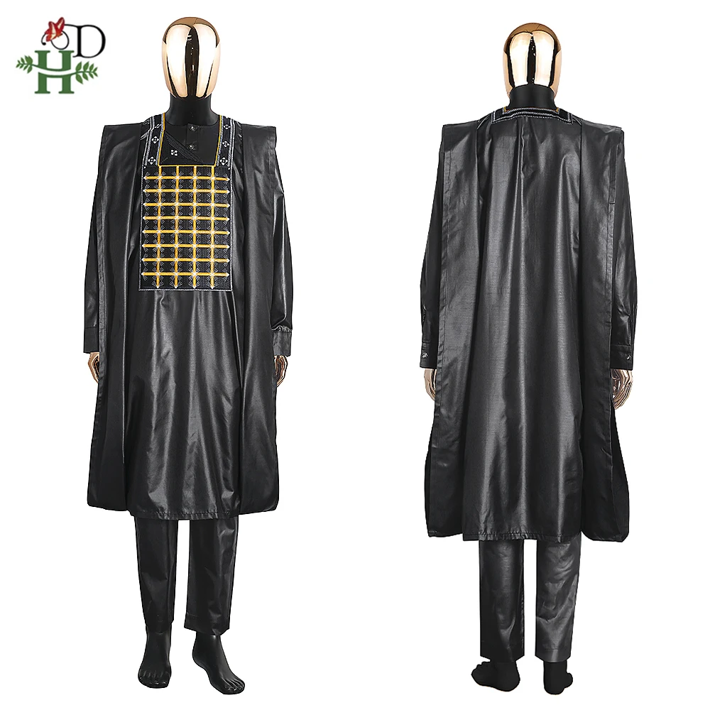 H&D Африканская Одежда для Мужчин Комплект из 3 предметов: рубашка с традиционной вышивкой, брюки, Базин Риш Оригинал на свадебную вечеринку.