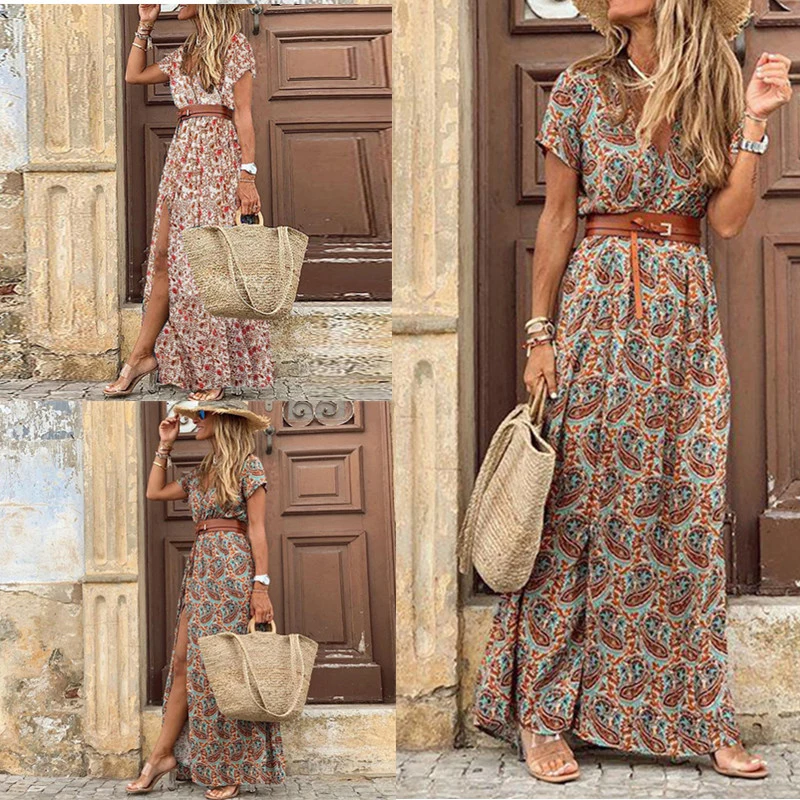 

2020Hot Sale at AliExpress Hot Sale in Europe and America plus Size Bohemian StyleVCollar Floral Short Sleeve Dress Long Skirt