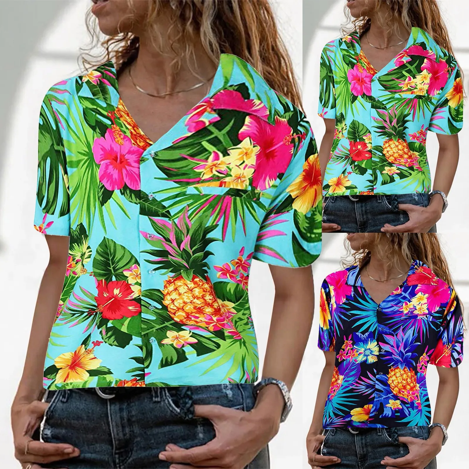 

Fashion Pineapple Print Hawaiian Shirt Summer Loose Casual Turn Down Short Sleeve Beach Women Blouse Button Vintage Tops Blusas