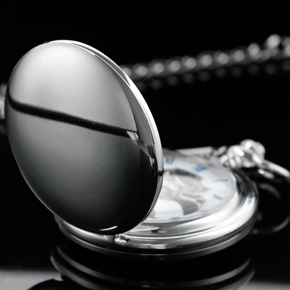 Bright Silver Single Open Roman Digital Mechanical Pocket Watch Necklace Pendant Clock Fob Chain Men's Women's Pjx1024
