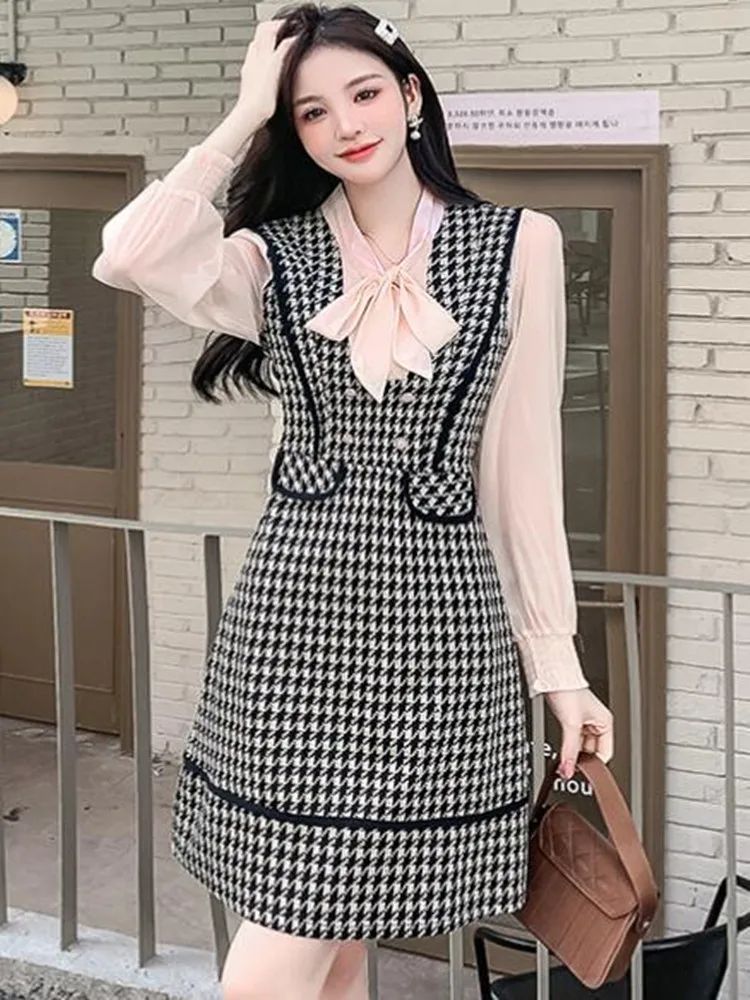 

ZAWFL Runway Women Lantern Sleeve Mesh Stitching Tweed Dress New Spring Fashion Sweet Bow Plaid Tweed Dress Vestidos