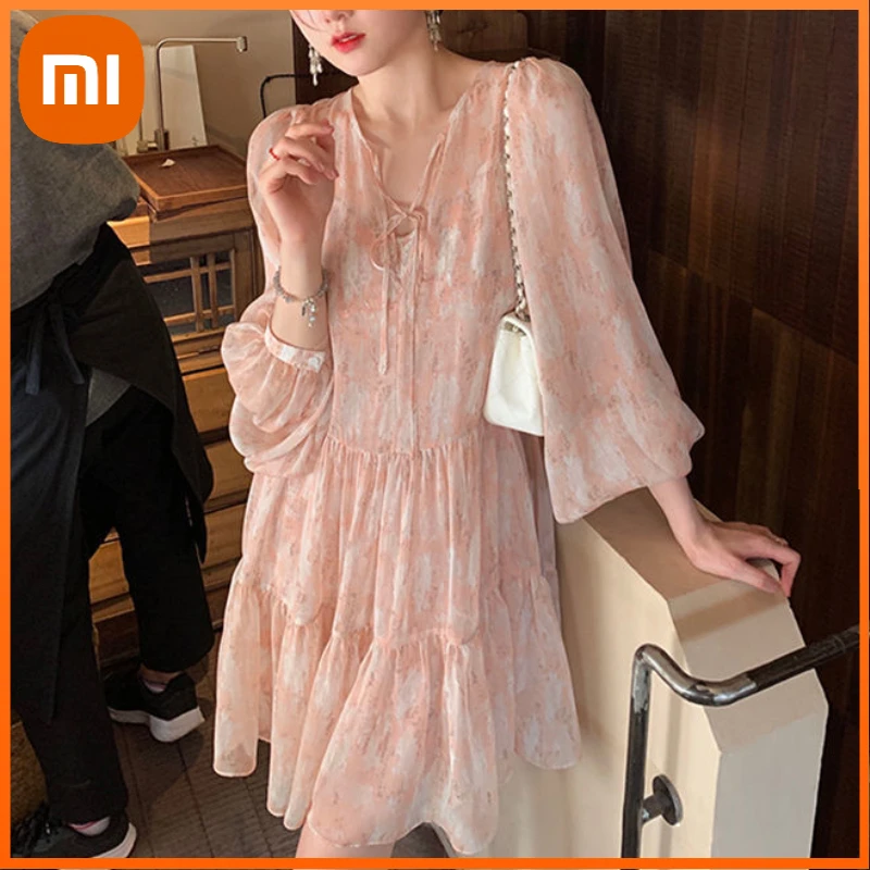 

Xiaomi Pink Floral French Princess Dress Women Elegant Fairy V-neck Party Mini Dress Female Vintage Long Sleeve One-piece Dress