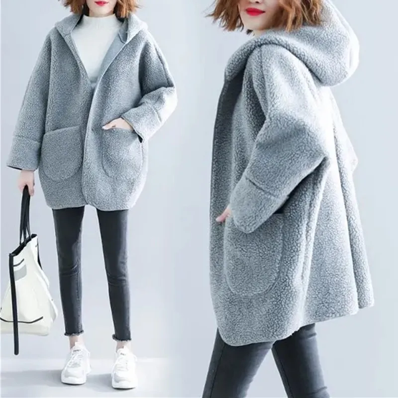 New Autumn Winter Coat Women  lambswool Jacket Hooded Long Loose Slim Big Pocket Solid Outerwear Female Clothing