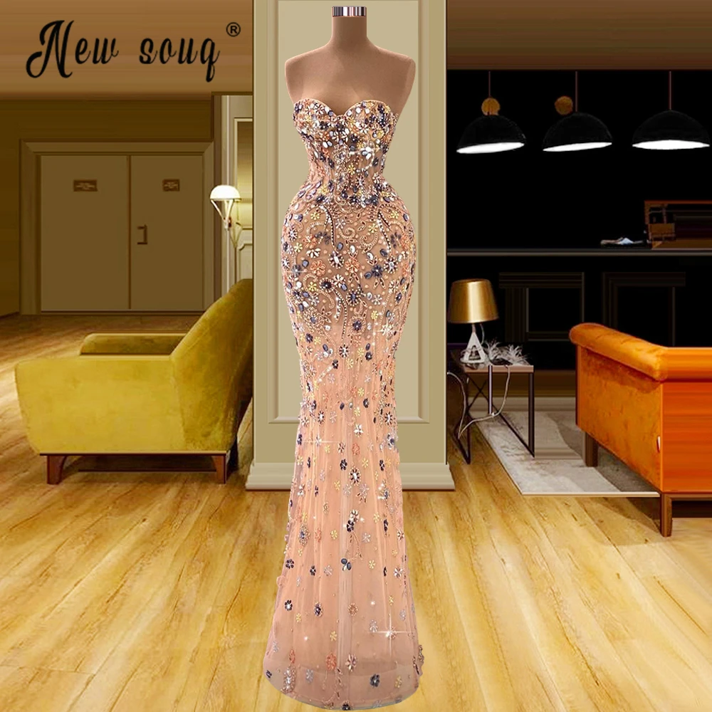 

Luxurious Beaded Sweetheart Champagne Evening Dress Arabic New Women Party Dresses Robe De Mariée Custom Made Formal Prom Gowns