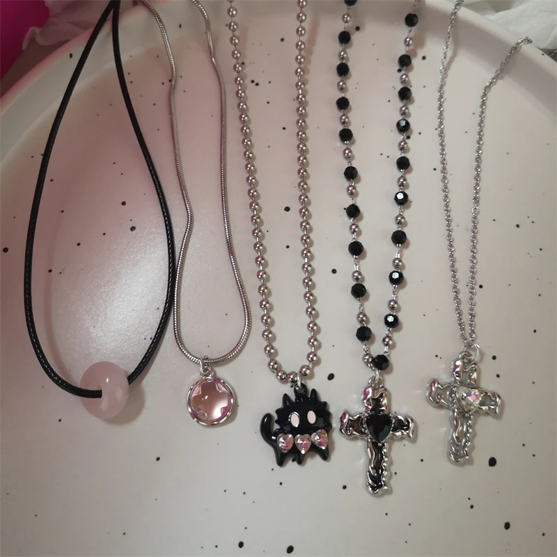 Милое ожерелье с черным котом черно-розовым крестом и бисером для женщин девочек