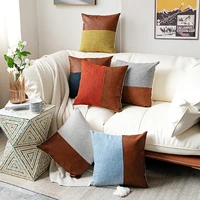 nordic minimalist style cushion cover 45x45cm cotton canvas leather splicing pillow case for sofa living room bedroom home decor
