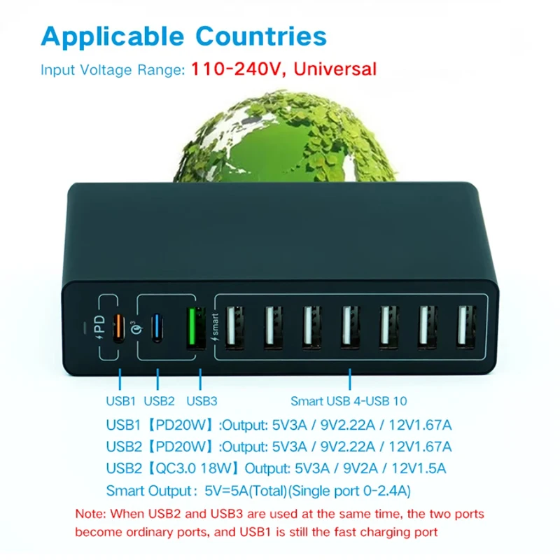 65W Fast Charge Portable Charger Type C PD 20W Quick Adapter 10/5/6Port Multi USB Dock Station For IPhone Samsung Xiaomi Huawei