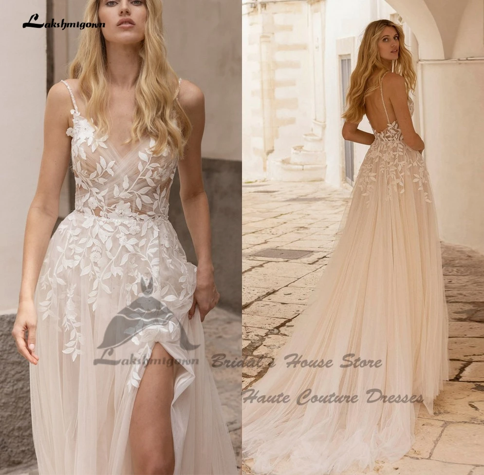 

Lakshmigown Sexy Women Beach Wedding Dress Side Split 2024 Suknia Slubna Civil Champagne Boho Bridal Gowns Spaghetti Straps