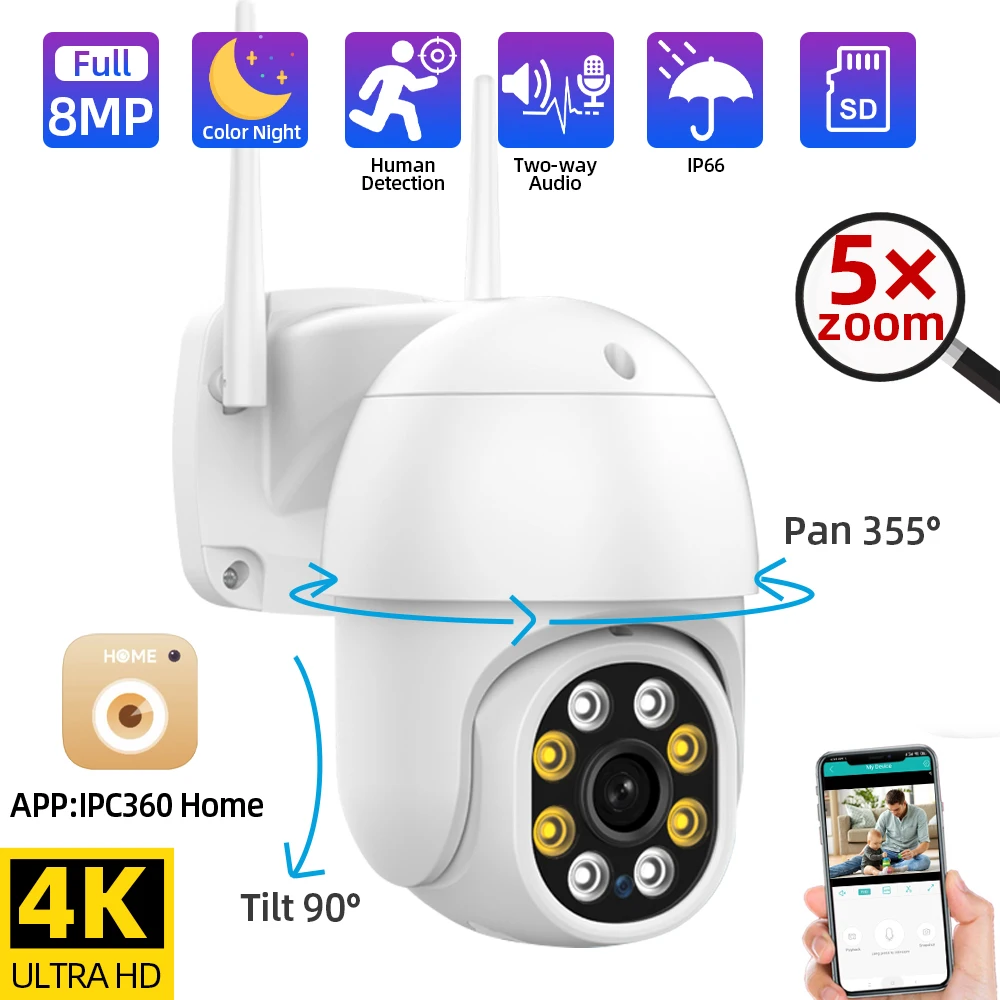 

Outdoor Wireless Camera 8MP 4K Color Night Two Way Audio WiFi IP Camera Auto Tracking Ai Humanoid Detection Cam IPC360 Home APP