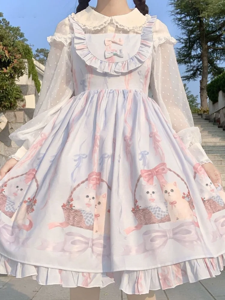 

Gothic Lolita JSK Dress Women Sweet Cat Print Bow Elegant Princess Sleeveless Dress Girly Party JK Kawaii Strap Dresses