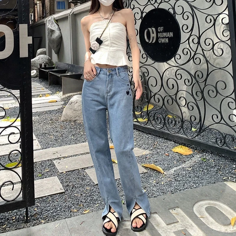 

Women Loose Fashion Harajuku Street Denim Pants 2023 High Waist Love Print Straight Blue Jeans Retro Mopping Trousers Split Ends