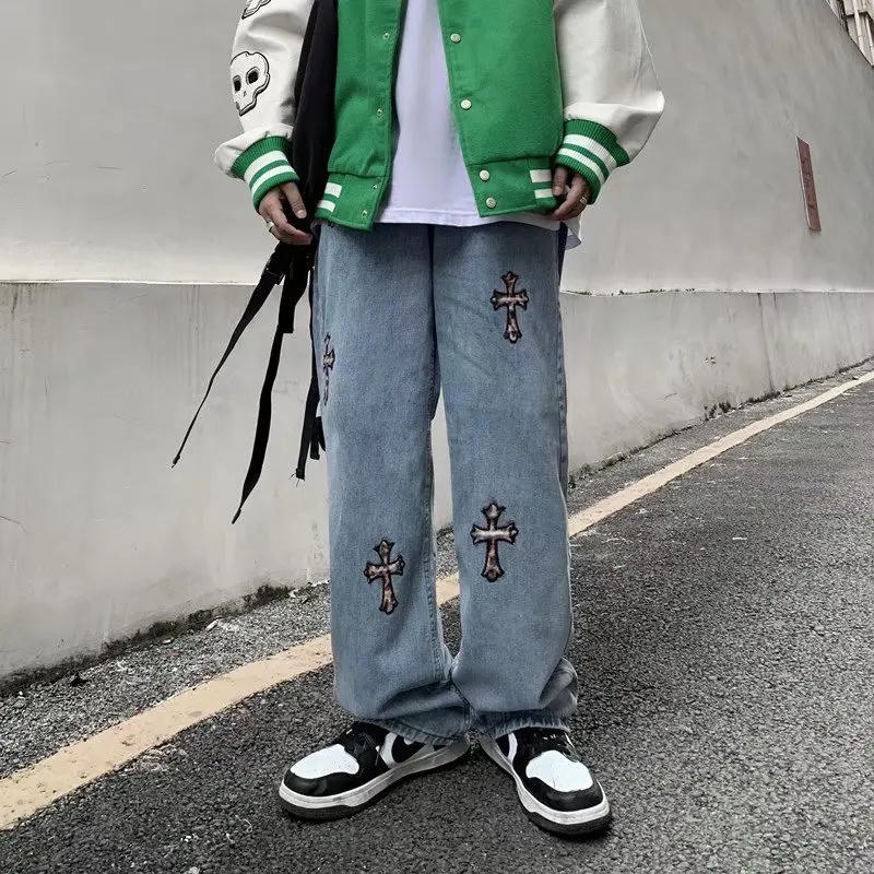 Korean Ins Japanese Street Dark Embroidery Straight Loose White Wide-leg Jeans Men and Women Trend Cargo Pants Women