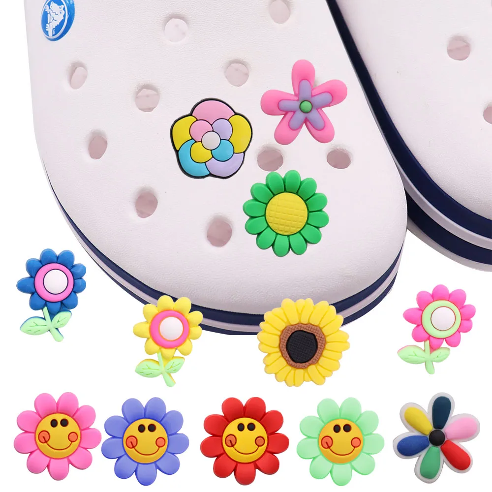 

Смешанные 50 шт. цветочные искусственные лица Croc Jibz Пряжка подходит для браслетов украшение для обуви силиконовый Croc улыбка подсолнуха