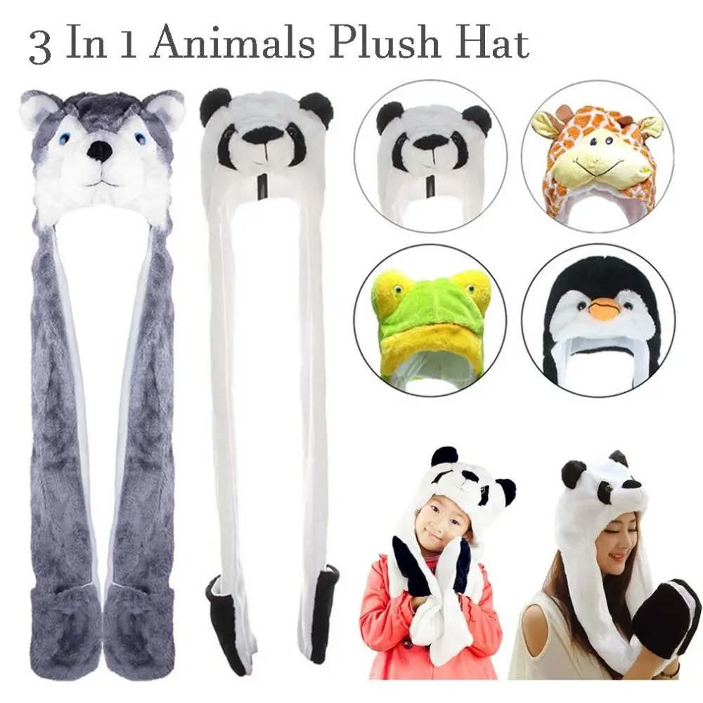 

Comfortable 3 In 1 One Size Thickened Animals Plush Hat Long Scarf Mittens Gloves Fluffy Cap