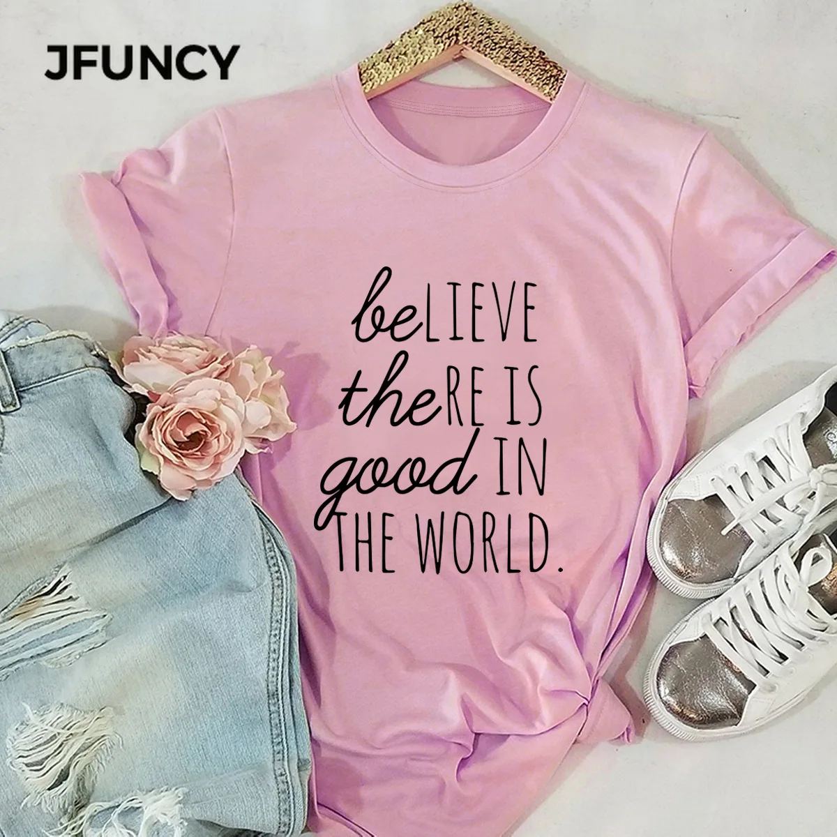 JFUNCY Creative Letter Printed  Women Loose Tee Tops 100% Cotton Summer T-Shirt Woman Shirts Fashion Casual Pink Tshirt