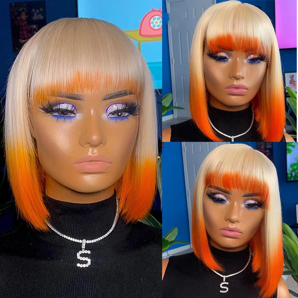 

COLODO Ombre Orange 13x4 Lace Front Wigs With Bangs Blonde Color Brazilian Remy Human Hair Straight Bob Wig Preplucked Hairline