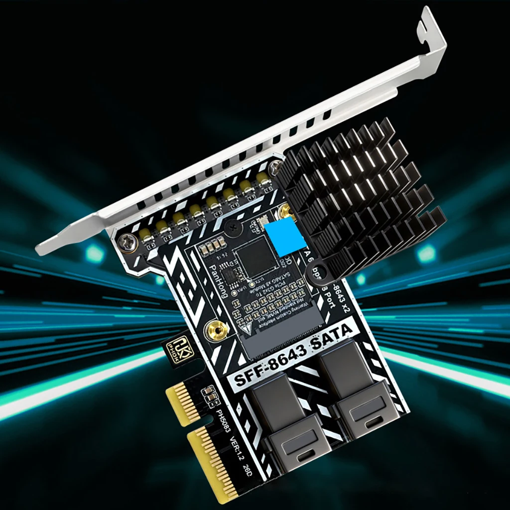 Фото Карта расширения PCIe 3.0 X2 на 2 порта SATA SFF-8643, 8 портов SATA3 6 Гбит/с с алюминиевым радиатором, полная/полуторная планка крепления для корпусов ITX/ATX №4