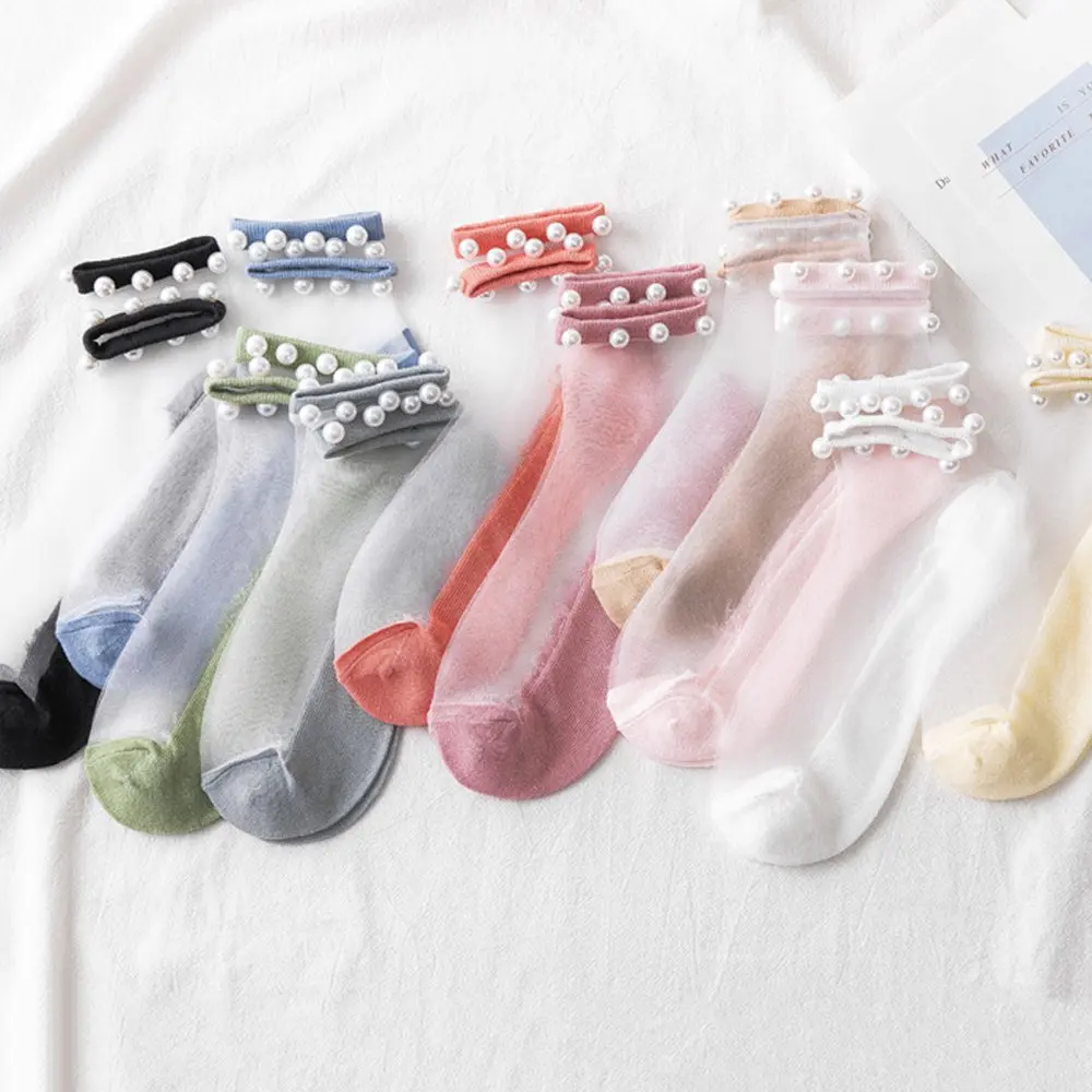 

Transparent Pearls Ankle Socks Ruffle Socks Woman Summer Thin Breathable Short Socks Solid Color Mesh Silk Invisible Boat Socks