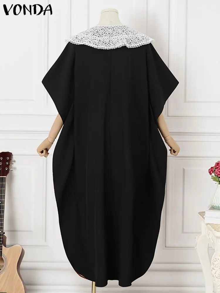Plus Size 5XL VONDA Summer Maxi Long Dress Women Bohemian Printed Sundress Short Sleeve Lace Patchwork Casual Loose Party Robe
