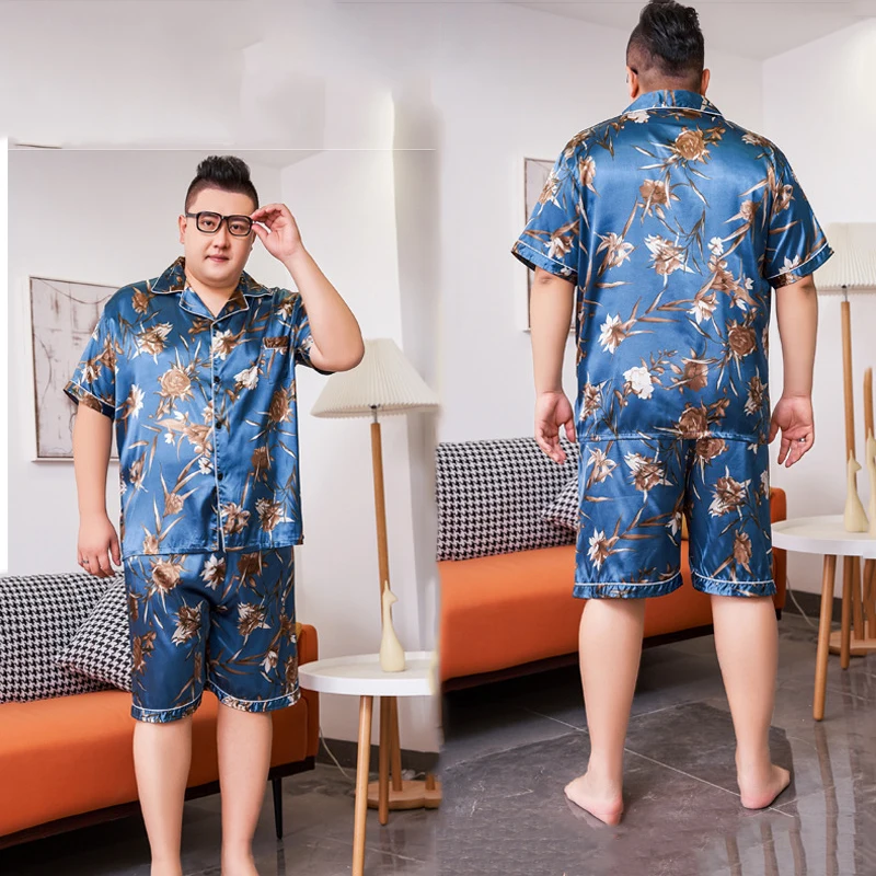 2022 Summer Fat Guy Extra Large Size Men Pajamas Suit Ice Silk Breathable Short-Sleeved Plus Size Pajamas Men's Home Clothes