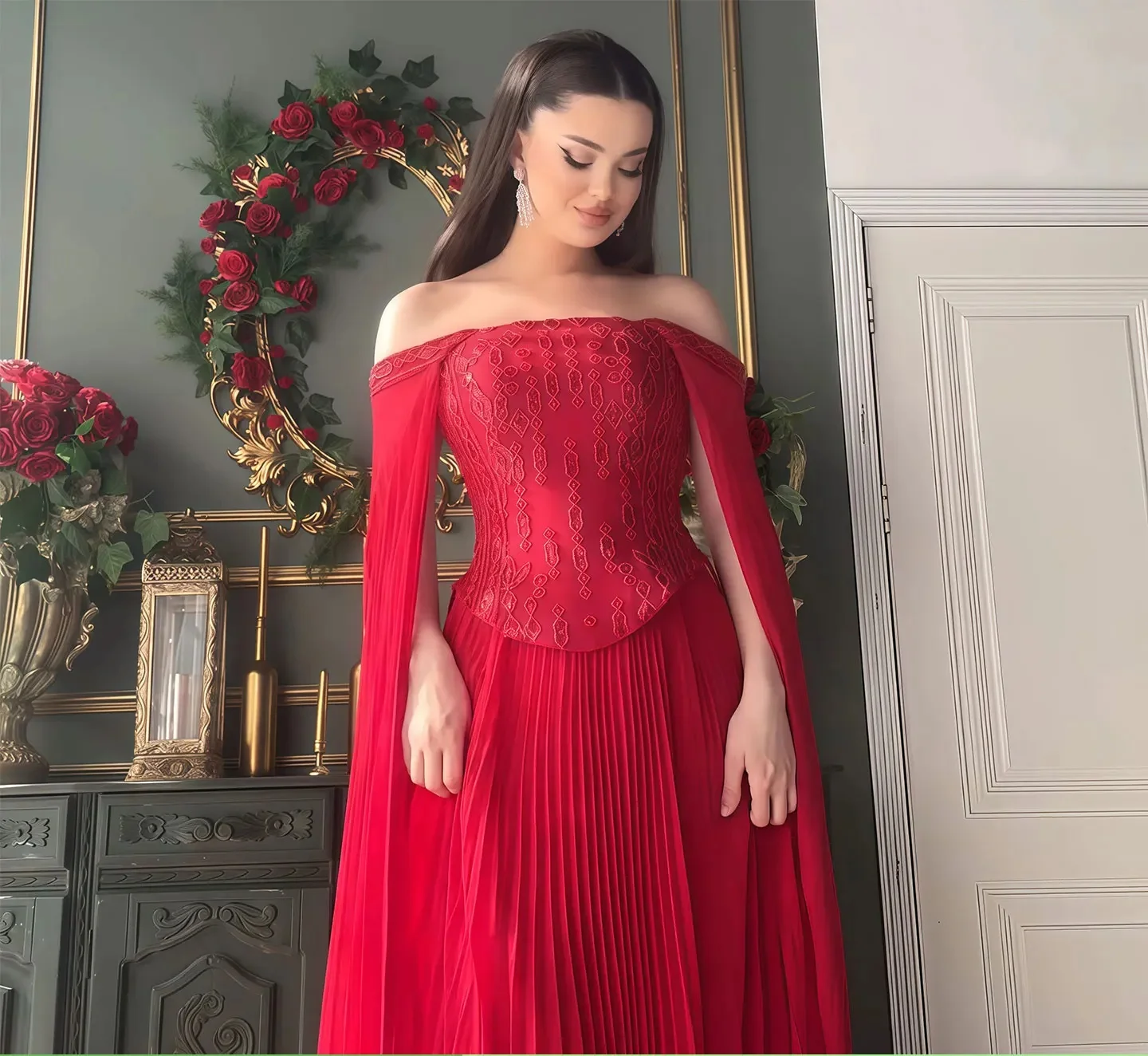 Фото Вечерние платья POD Champagne Luxury Pleats винно-красного цвета для свадебных торжеств с рукавами-накидками, официальные наряды, праздничные платья, индивидуальный пошив №2