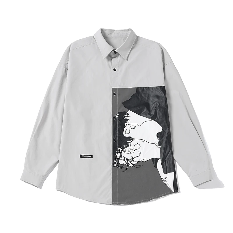 EOENKKY2022 Spring Men's Printed Long Sleeve Work Shirt Streetwear Lapel Collar Clothes Black Grey Long Sleeve Shirt Size M-5XL