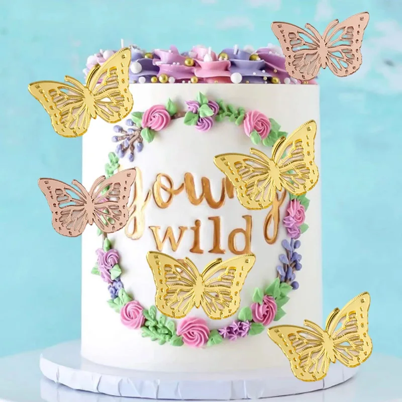 

10pcs Acrylic Gold Butterfly Cake Topper Wedding Party Supplies Happy Birthday Cupcake Topper Cake Decorating Tools Baby Shower