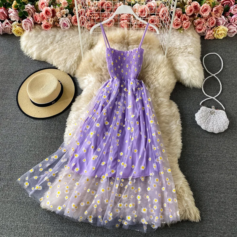 

YuooMuoo Korean Fashion Daisy Flower Print Mesh Dress 2023 Summer Two Layers Spaghetti Strap Vacation Midi Dress Beach Vestidos