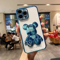 cute bear plating phone case for iphone 13 12 11 pro max x xs xr 8 7 plus se 2020 transparent silicone lens protection cover