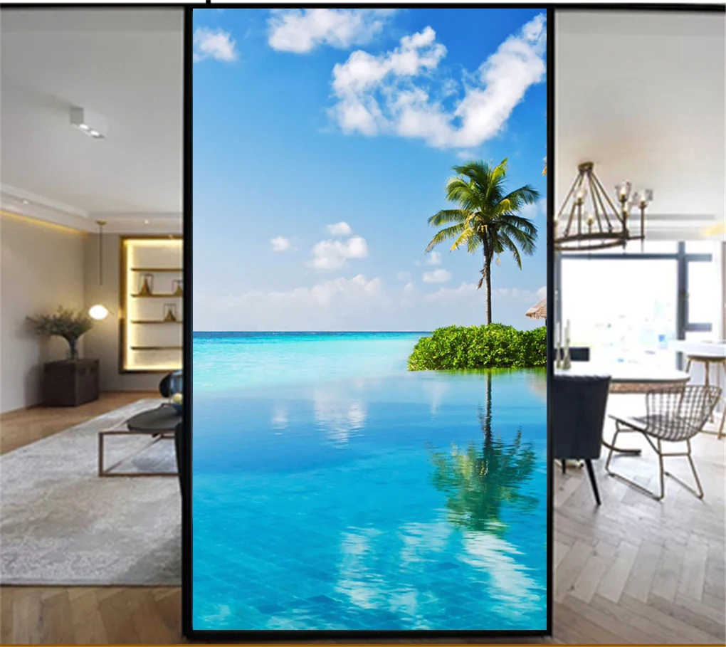 

Privacy Windows Film Decorative Seaside Scenery Glass Window Stickers No Glue Static Cling Frosted Window Cling Tint 85