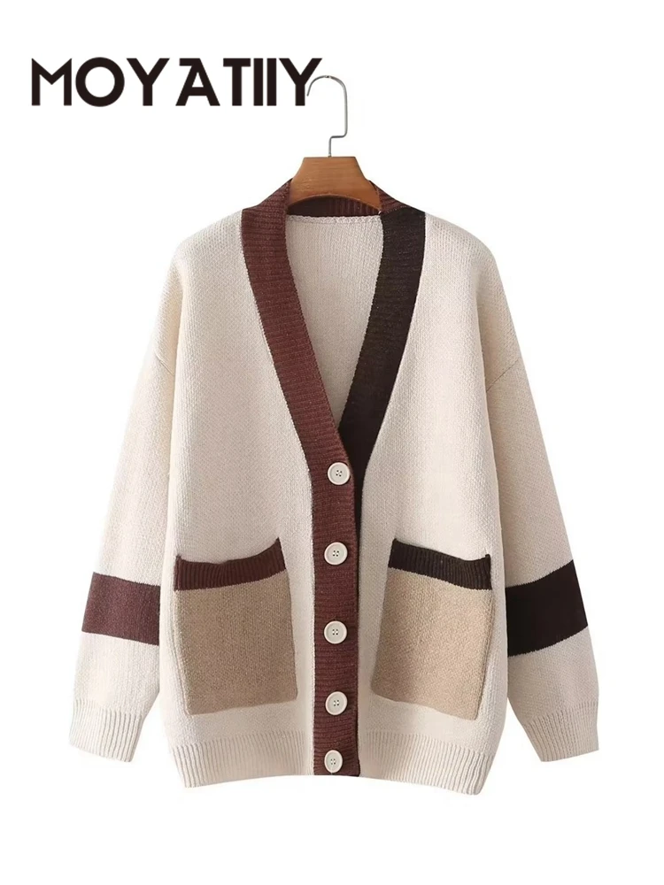 

MOYATIIY women winter cardigan color block oversized sweaters vintage jumper 2022 female knitted cardigans outwear