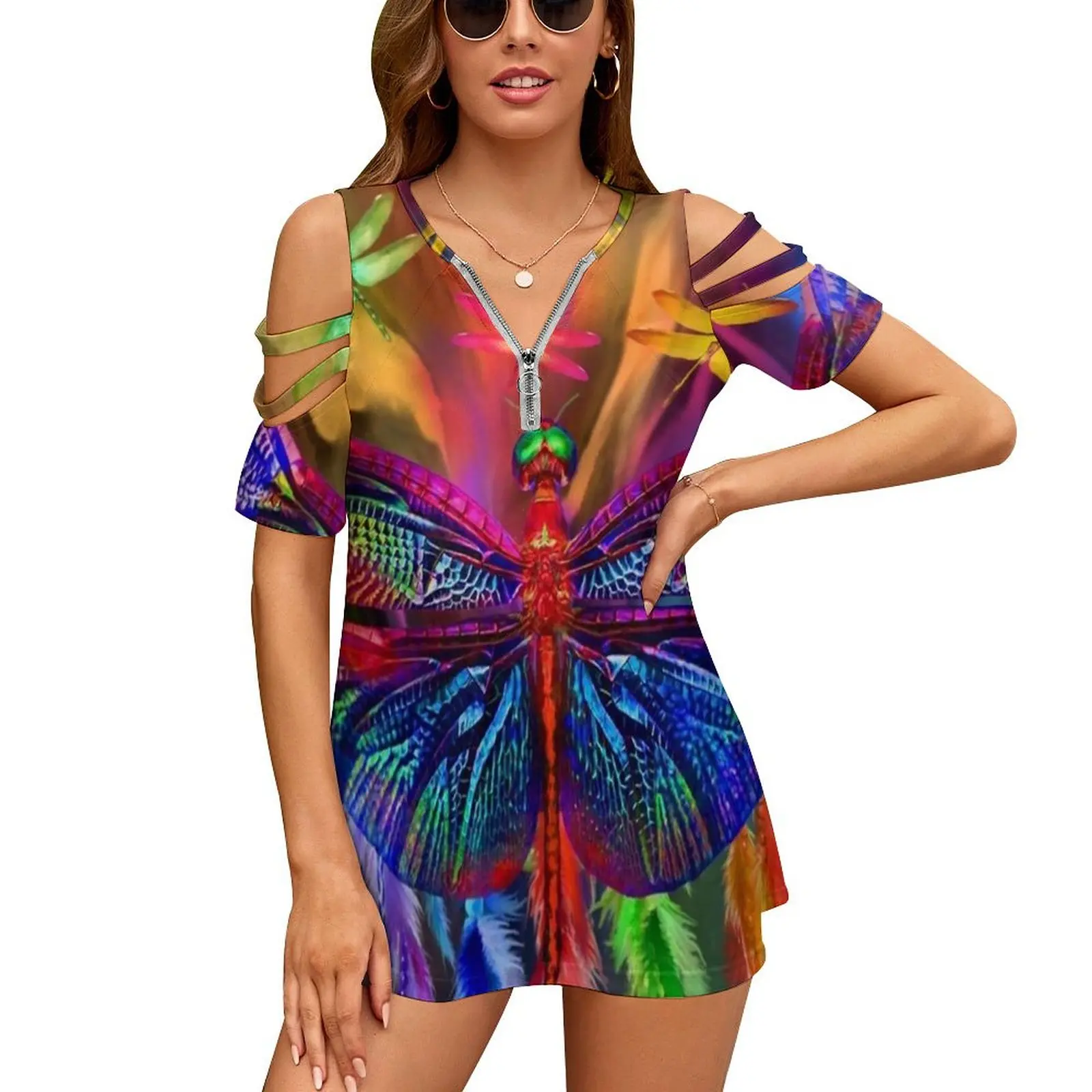 

Rainbow Dragonfly Dream Catcher New Fashion Zip Off Shoulder Top Short-Sleeve Women Shirt Rainbow Dragonfly Art Rainbow