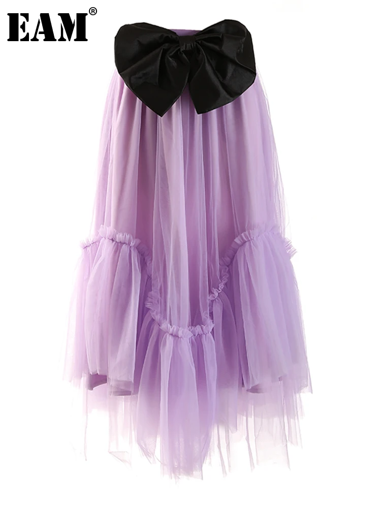 

[EAM] High Elastic Waist Purple Bow Long Mesh Elegant Half-body Skirt Women Fashion Tide New Spring Autumn 2022 1DE8133