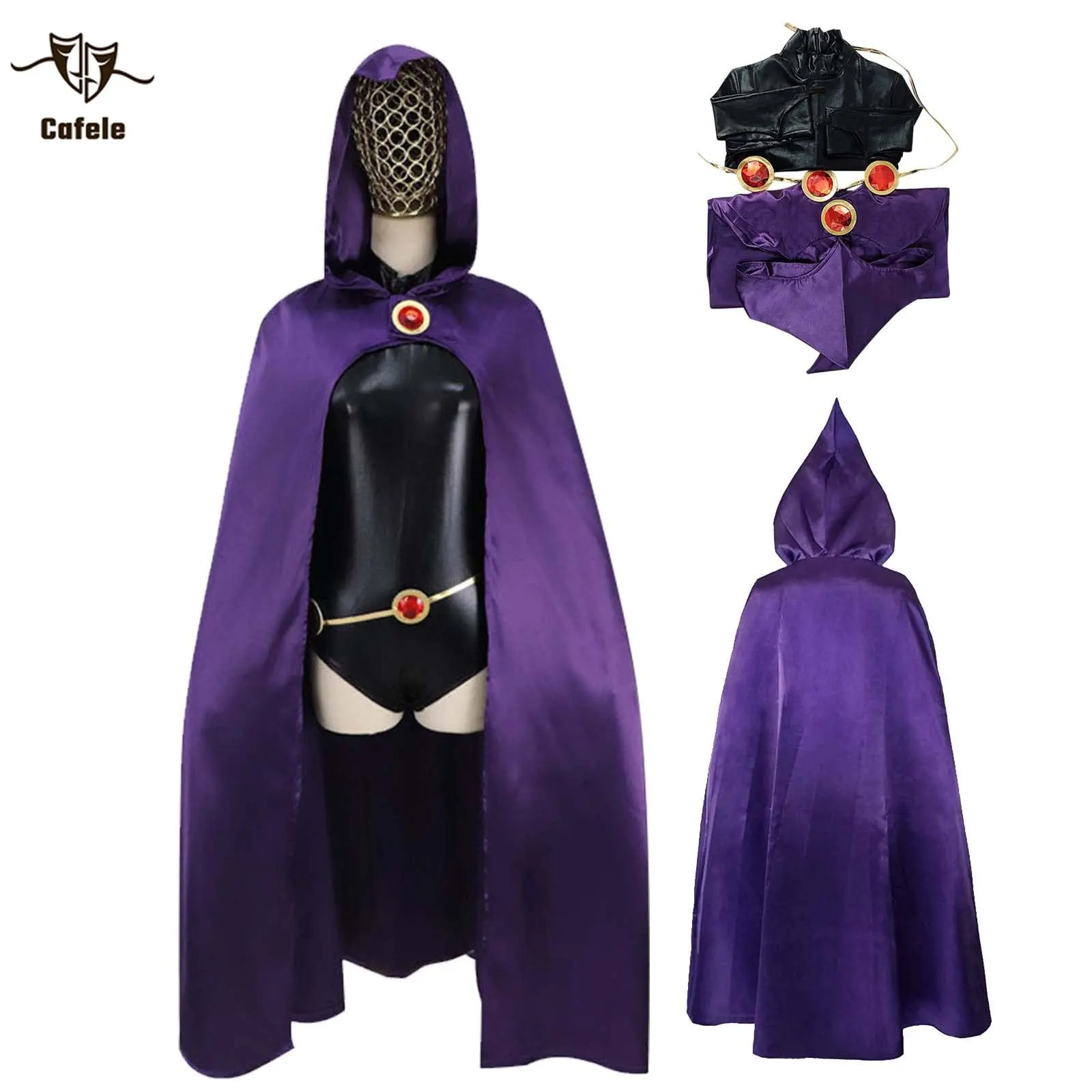 Cafele TeenTitans-Raven Cosplay Costume Deluxe Jumpsuit Belt With Purple Cloak Halloween Uniform Cosplay Costume Props For Women