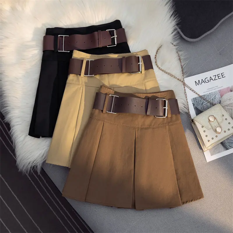 

Skirt women's 2022 spring and summer new Korean version slim and versatile small tall waist pleated A-line short skirt with belt