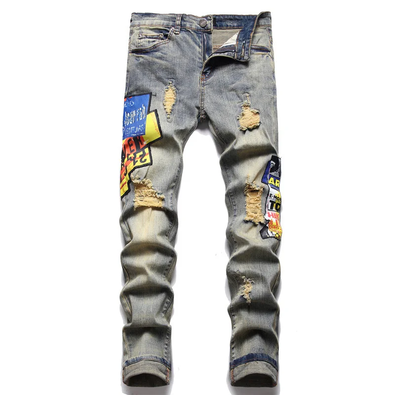 

New Am-ri trendy high street men's jeans with holes printed trend elastic slim fit Leggings versatile men's pants jeans vintage